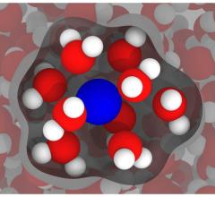 An illustration based on simulations by Rice University engineers shows a gadolinium ion (blue) in water (red and white), with inner-sphere water -- the water most affected by the gadolinium -- highlighted. The researchers’ models of gadolinium in water show there’s room for improvement in compounds used as contrast agents in clinical magnetic resonance imaging.