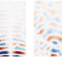 Maps of stiffness (storage modulus) in uniform-concentration sample (left) and sample with harder inclusion (right) (sample: polyacrylamide gel). It can be seen that harder inclusion is clearly visible in spite that its concentration is only slightly different from the surrounding matrix. Note that such a slight difference cannot be discerned by typical X-ray radiography for medical diagnostics.