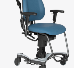 The rolling chair with push bar and lockable wheels allows the technologist to position the patient without having to hold her in place