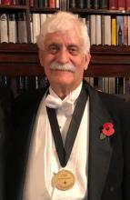 Professor Raymond Damadian, M.D., wearing the Excellence in Medicine medal awarded him by the Chiari & Syringomyelia Foundation at a November, 2018 ceremony in London, England. Photo courtesy of FONAR